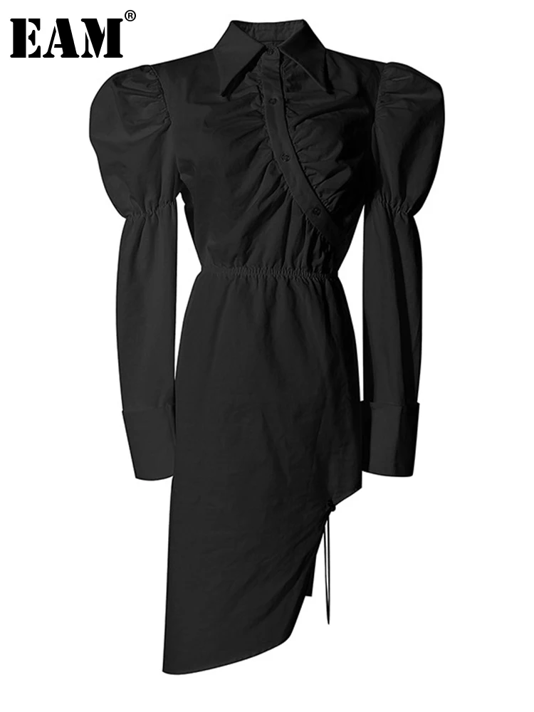 

[EAM] Women White Asymmetrical Pleated Dress New Lapel Long Puff Sleeve Loose Fit Fashion Tide Spring Autumn 2023 1DD4455