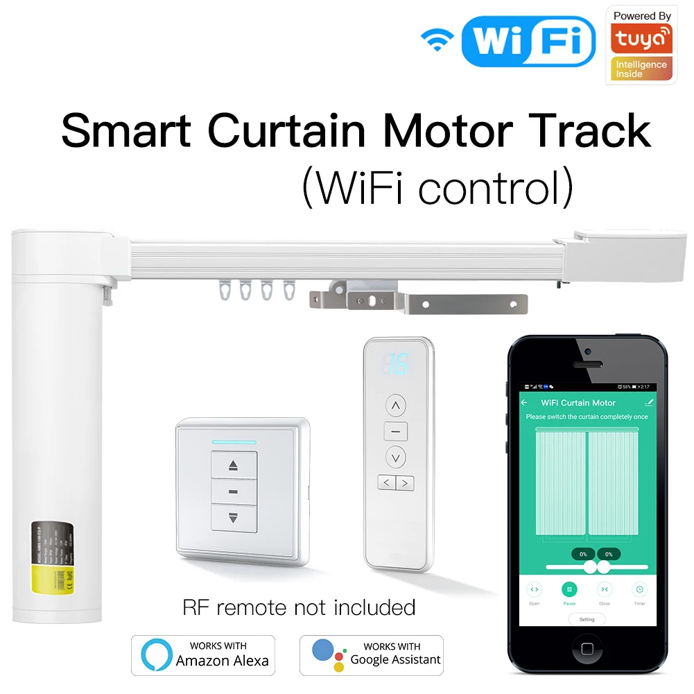 

New Upgraded WiFi Tuya Smart Curtain Motor Track Customized System RF Remote Alexa Google Home Multiple Controlling Modes