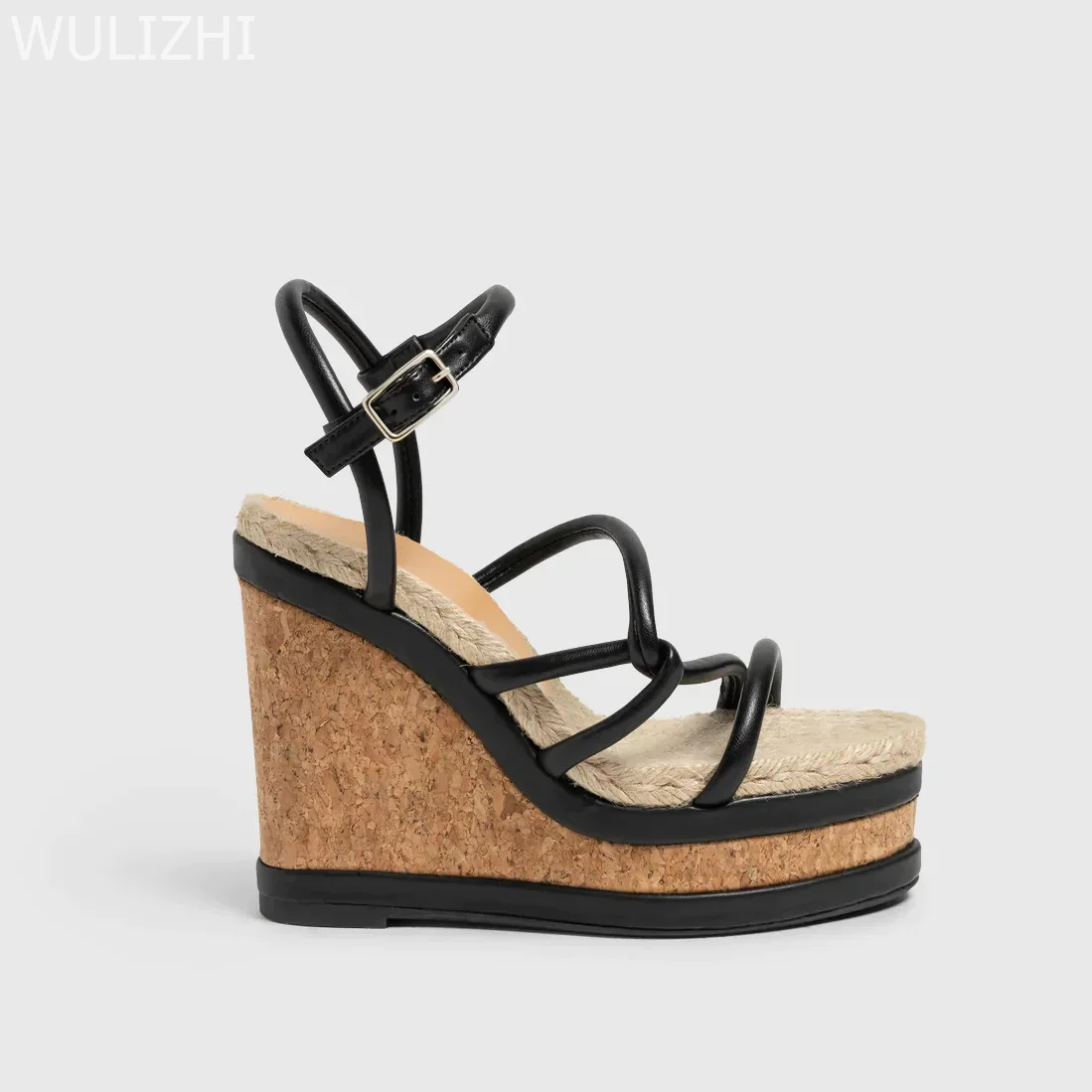 Wood Pattern Black Cross Strap Wedge Sandals Ladies Sexy Open Heel Slingback Buckle Design Round Toe Low Platform Gladiator Shoe