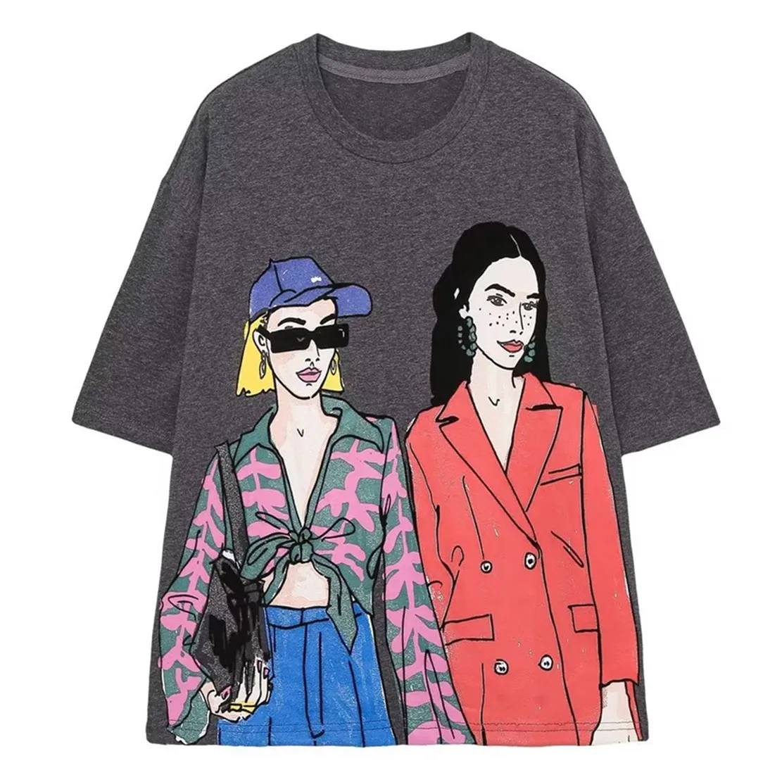 

Maxdutti Fashion Tshirts Girls Printing Round Collar Cotton Tshirts Women Tops