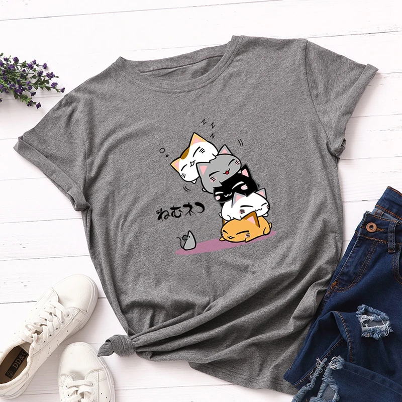 

Women Cotton Tshirt Graphic Tee Summer Tops Short Sleeve Top Tees Cute Cats Print T Shirts Female Girls Harajuku Shirt