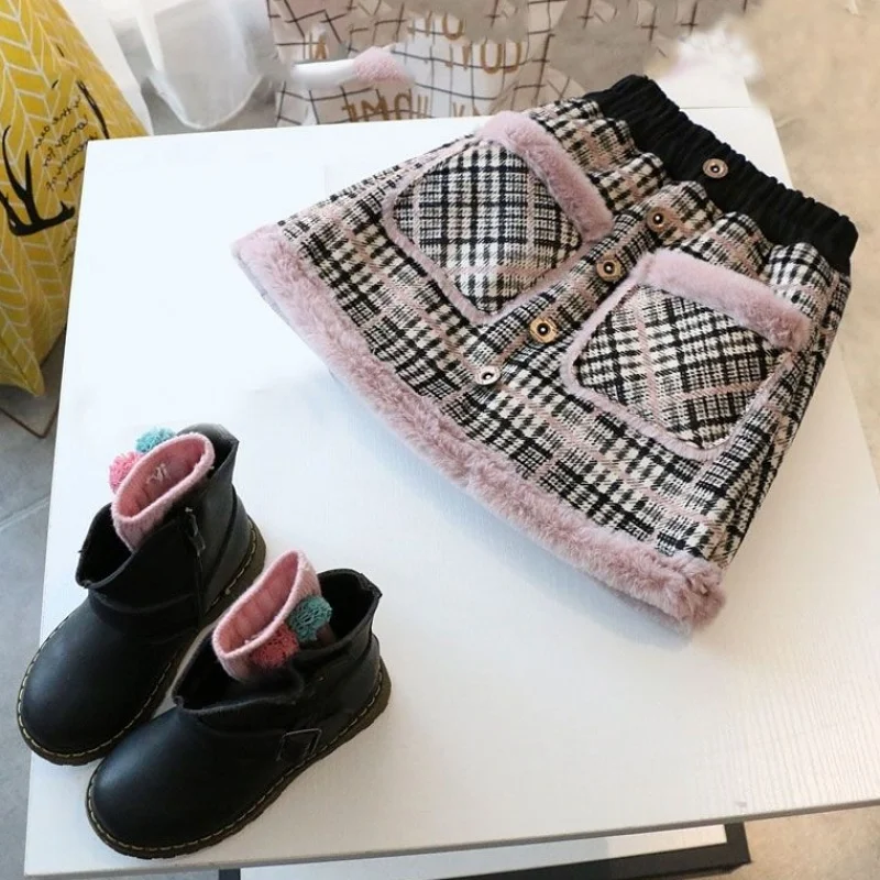 Children's Winter Wear Girls Skirt Baby Girl Plaid Skirt Kids 3D Pocket A-line Skirt Thick Warm Kids Girl Clothing 2-7T