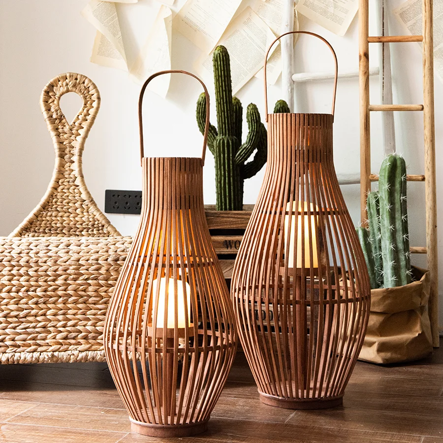 

Vintage Large Candle Holder Bamboo Woven Outdoor Windproof Hollow Candle Holders Elegant Simple Portavelas Home Decor DG50ZT