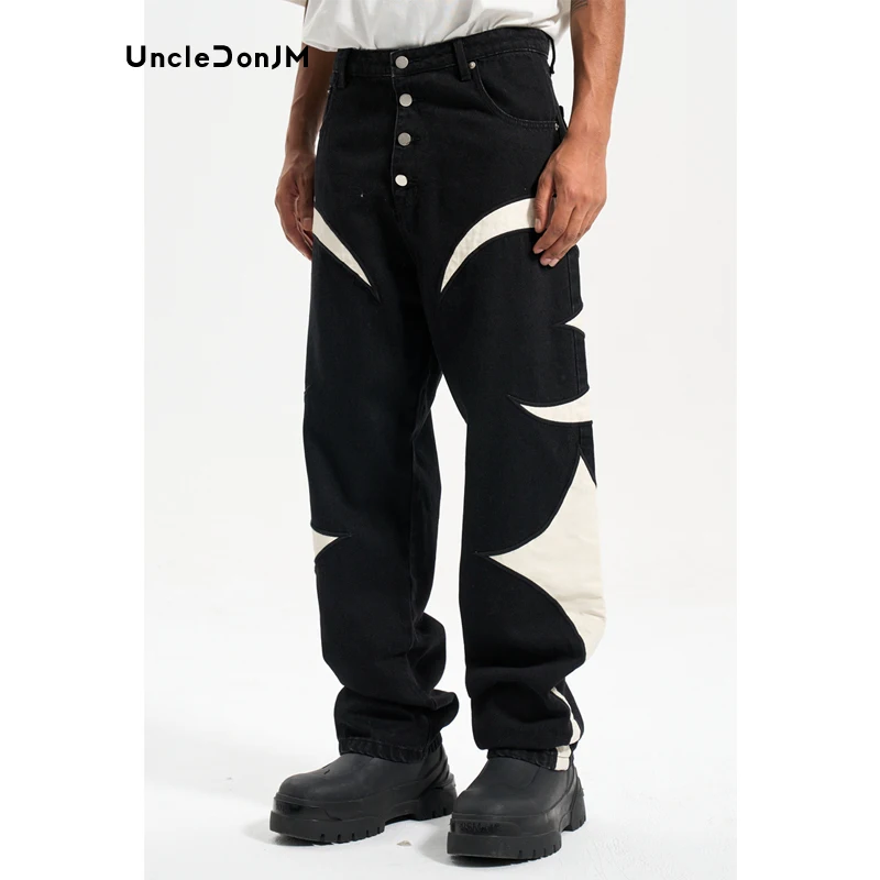 

UncleDonJM Spliced Leather Contrast Straight Jeans Hip Hop Y2k Jeans High Street Baggy Jeans