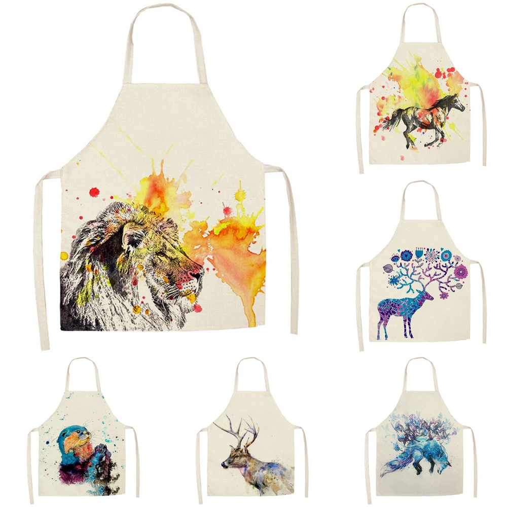 

Hand Painted Tiger and Deer Apron for Women Adult Household Cleaning Apron Household Cooking Accessories Chef Apron Tablier