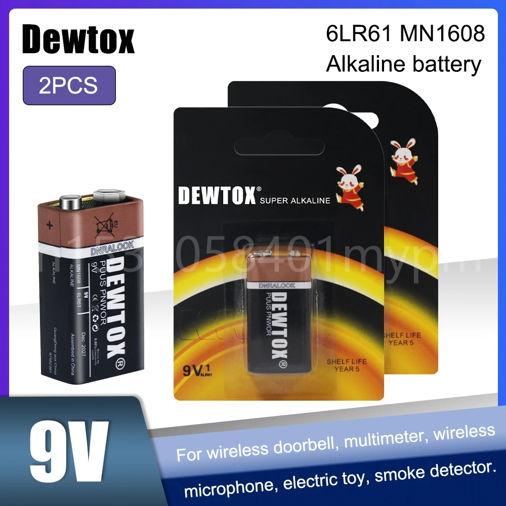 2 шт., сверхмощные аккумуляторы Dewtox 9 В 6F2, сухая батарея для инфракрасного электронного термометра, беспроводные микрофоны