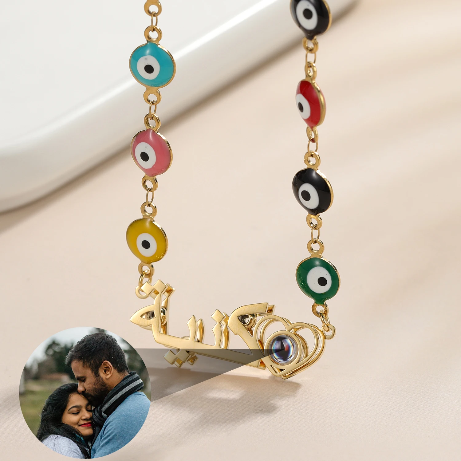 

Custom Projection Photo Necklace Personalized Arabic Name Pendant With Evil Eye Colorful Bead Chain Stainless Steel Jewelry Gift
