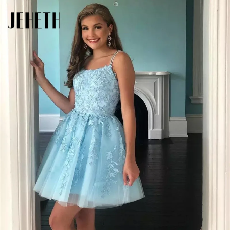 

JEHETH Charming Short/Mini Tulle Homecoming Dresses 2023 Spaghetti Straps Applique Lace Up Sexy Back Party Prom Ball Gown