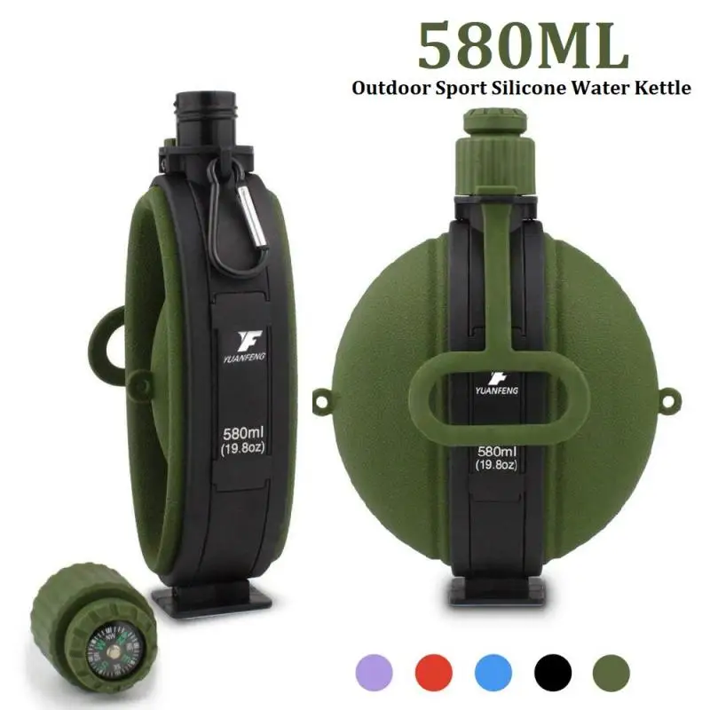 580ML Collapsible Army Water Bottle Army Tourist Flask FDA Food Grade Silicone Water Kettle Sake Jar Flask Bottle with Compass