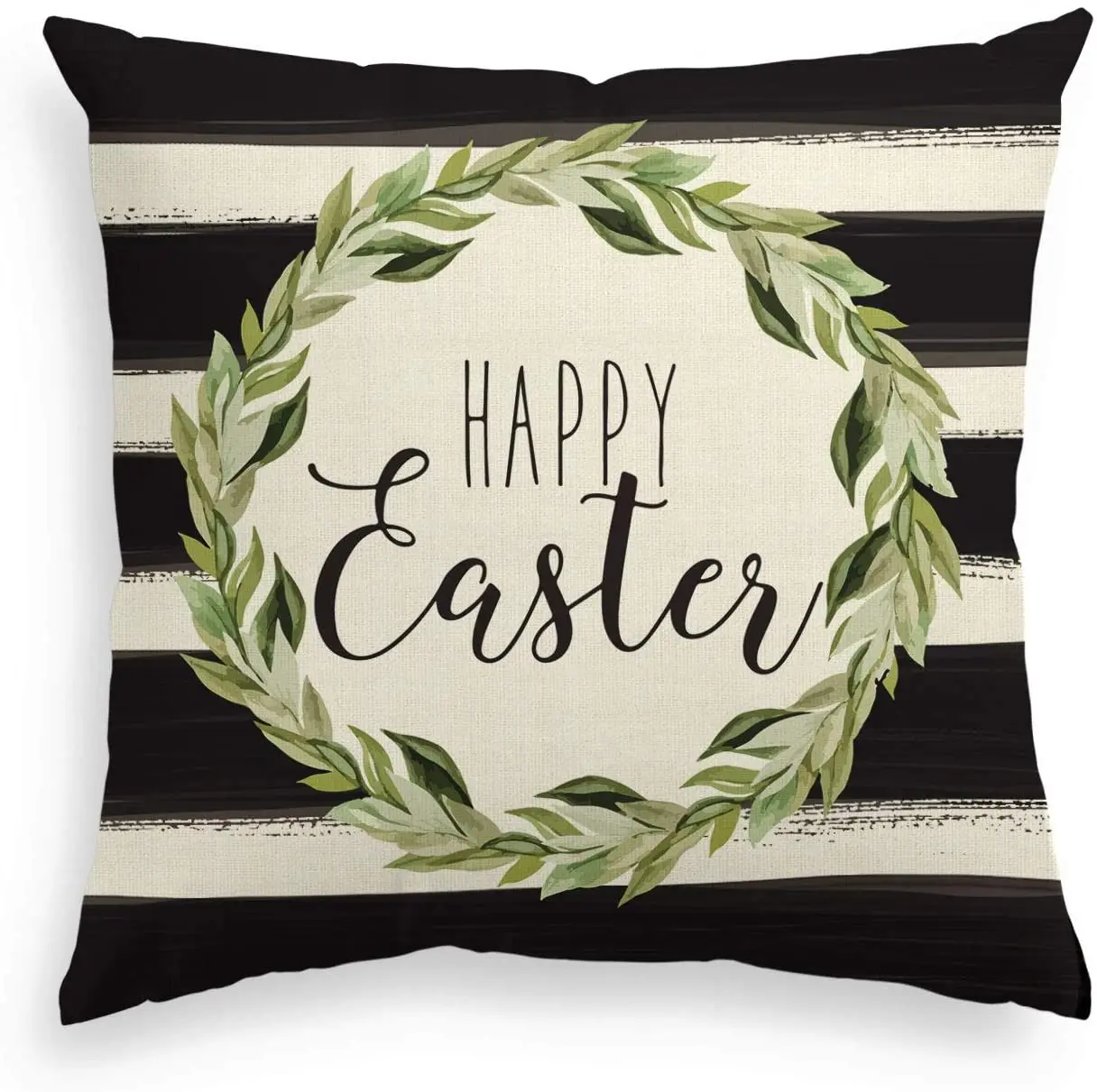 

Happy Easter Laurel Wreath Pillow Cover Watercolor Stripes Cushion Case Decoration for Sofa Couch