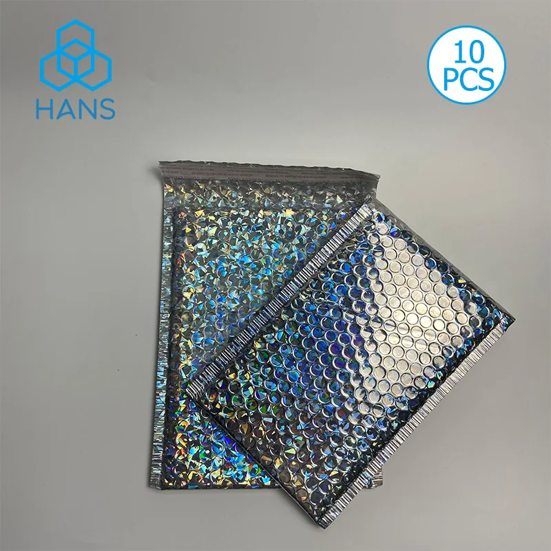 Self-Adhesive Holographic Poly Bubble Mailers Silver 10PCS Padded Envelopes Cushion Holo Metallic For Mailing Shipping