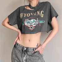 y2k aesthetic graphic t shirts 2022 new letter print cutout round neck short sleeve cropped navel sexy t shirt harajuku t shirts