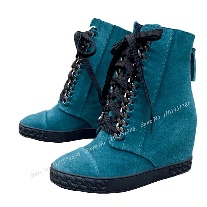 Abesire Blue Wedges High Heel Boots Lace up Shoes for Women Cross Tied Ankle Boots Buckle Decor Short Boots Zapatillas Mujer