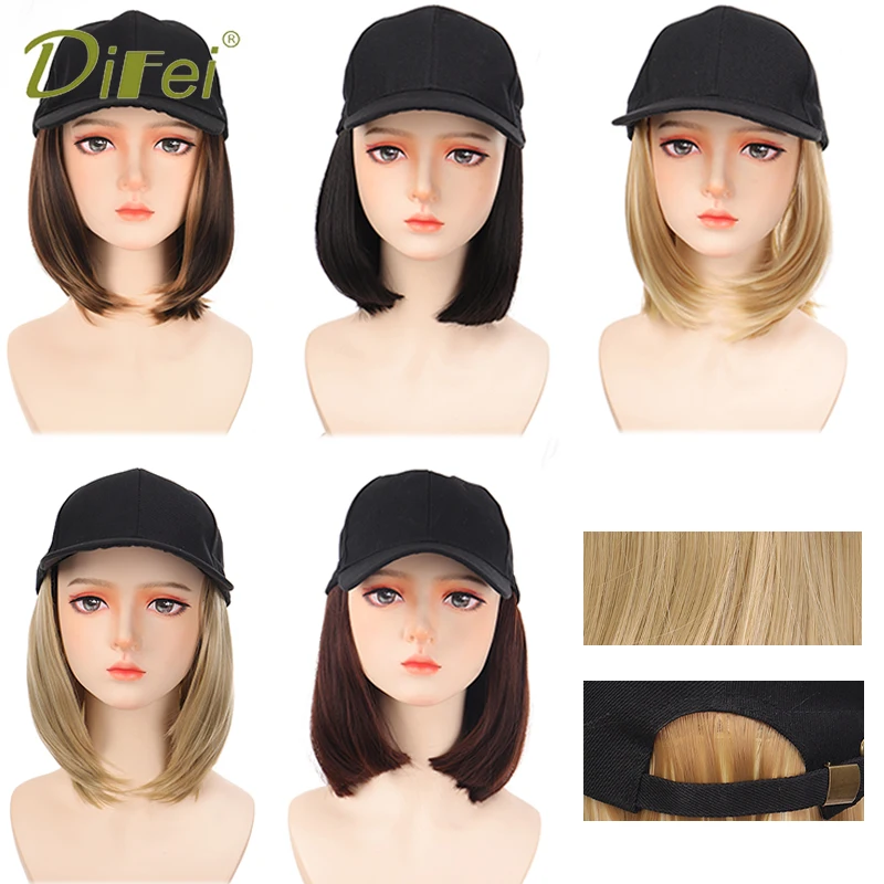 DIFEI Synthetic Hat With Hair Wig Bob For Woman Baseball Cap Wig Short Straight Heat Resistant Fake Hair Natural Black