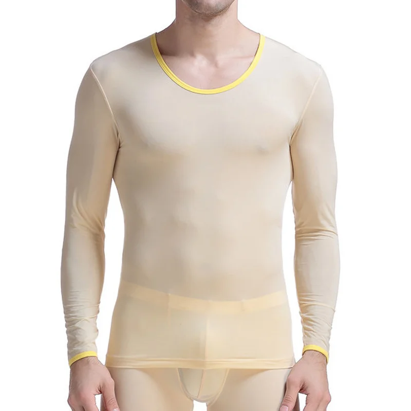 Mens Undershirts Long Sleeve Ice Silk Sheer T Shirts Transparent Ultra-thin Tee Shirts Fitness Tops Male Sleepwear Ondershirts