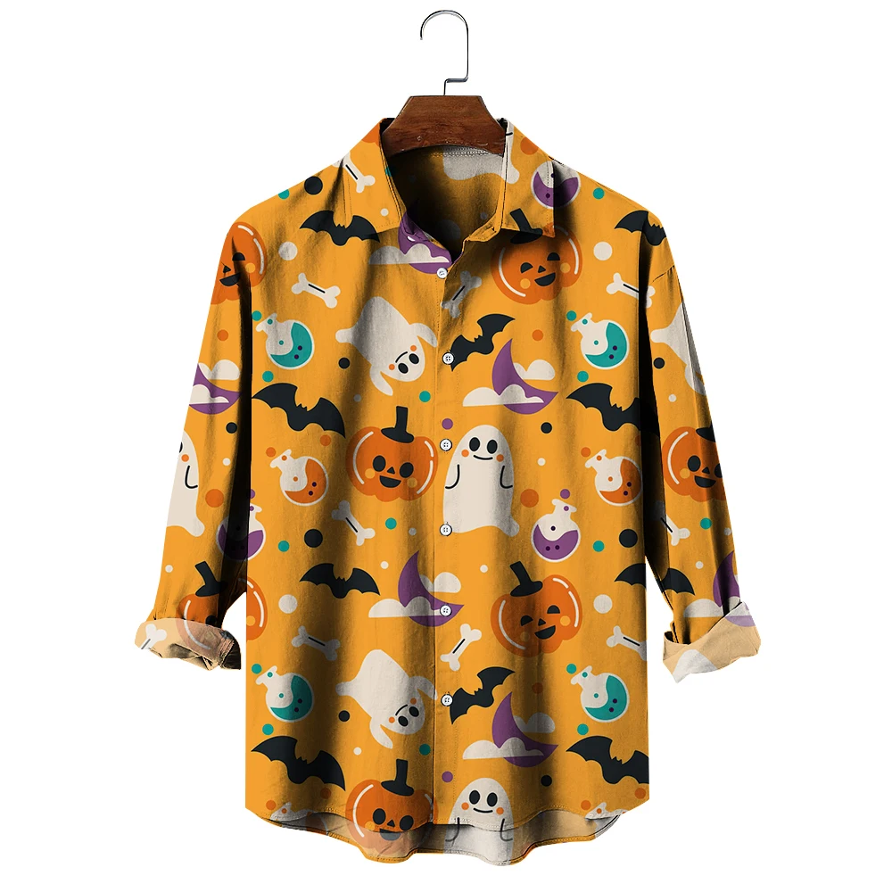 Pumpkin Devil Printing Men's Cotton Long-sleeved Shirt Women's Lapel Buttoned Leisure Breathable Shirt Halloween Oversized Tops