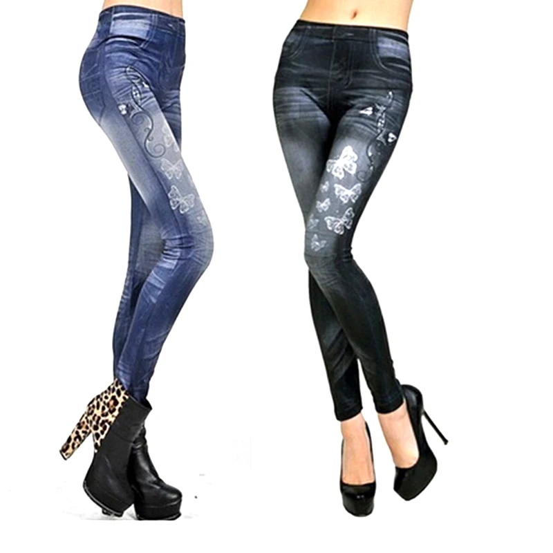 

Women New Fashion Classic Stretchy Slim Leggings Sexy Imitation Jean Skinny Jeggings Butterfly Print Pants Bottoms