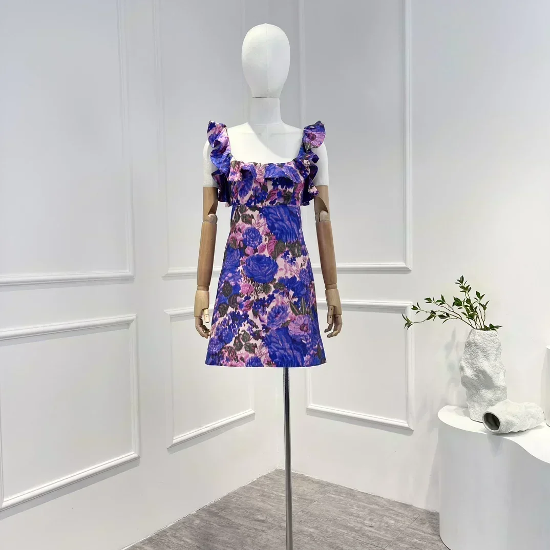 

2023 Top Quality Linen Purple Floral Printing Frill Ruffle Straps Self Tie Back Mini Dress for Women