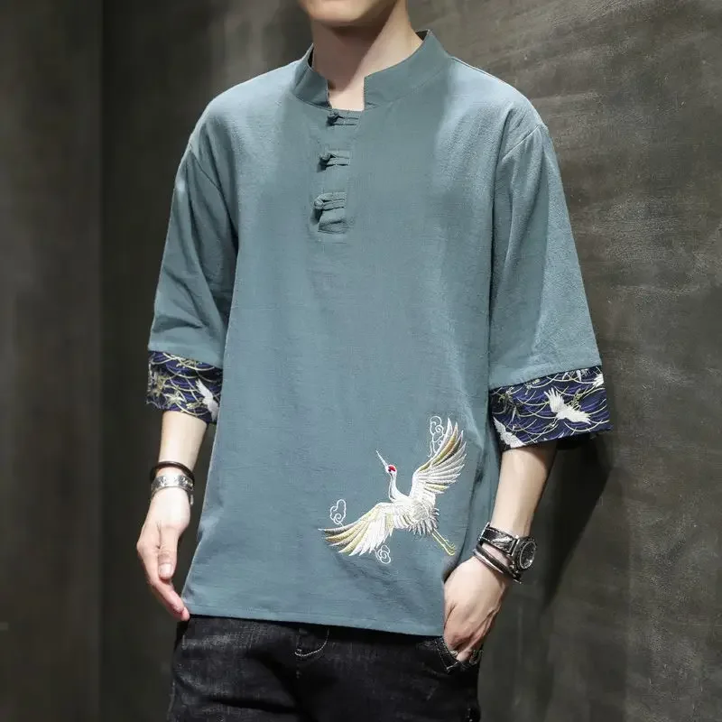 Мужская винтажная футболка с вышивкой Журавля свободная коротким рукавом и