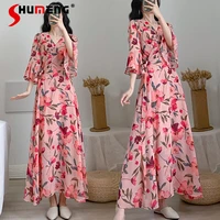 oversized ladies v neck long pink floral dress woman summer new womens loose fairy 34 flare sleeve chiffon over the knee dress