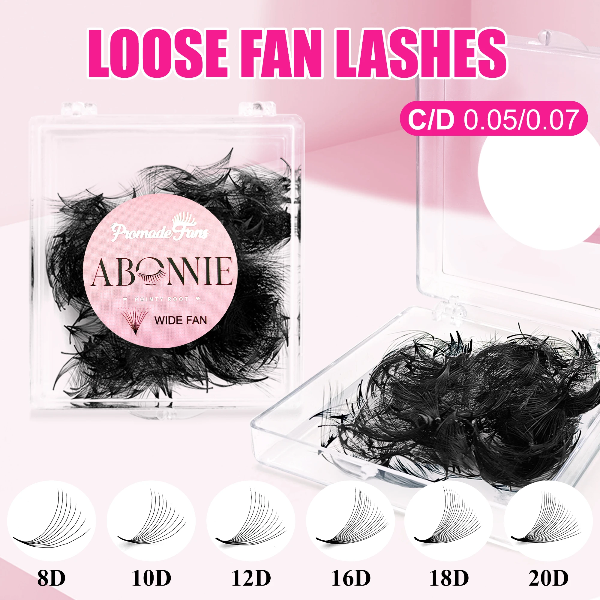 Накладные ресницы ABONNIE Wide Pre Made Fans 8D-20D, 8-18 мм, с заостренным основанием, готовые объемные пучки, средний стебель, тонкие, для русского объема (art.: 3920dbfb77c87) - 3920dbfb77c87