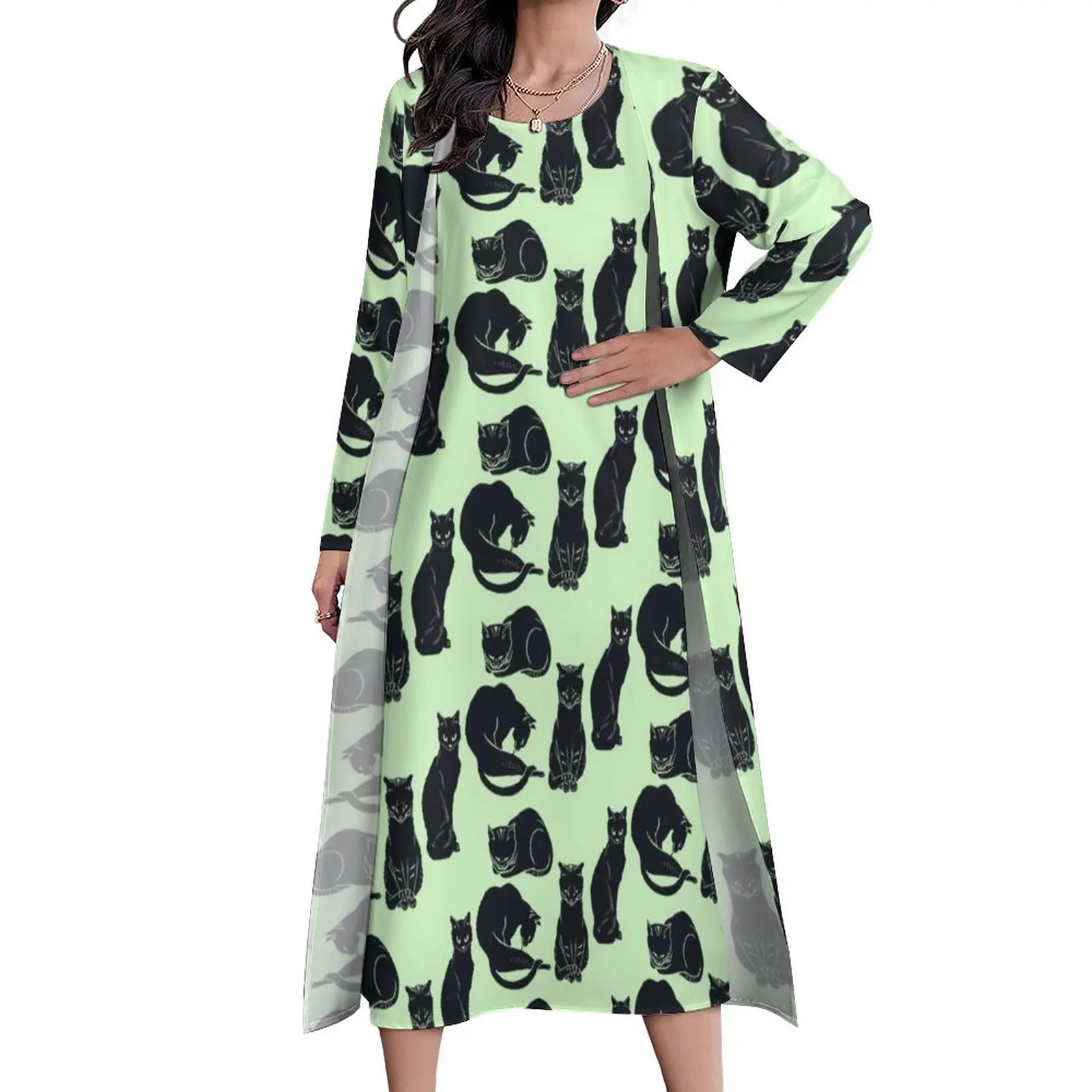 

Винтажное платье-макси в стиле бохо, длинное пляжное платье с рисунком черной кошки и животным принтом, осеннее платье из двух предметов с графическим принтом