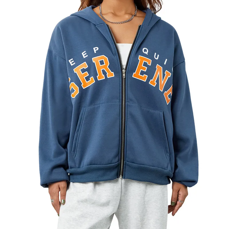 

Women Casual Hoodies Spring Autumn Coat Long Sleeve Letter Print Zipper Drawstring Outerwear