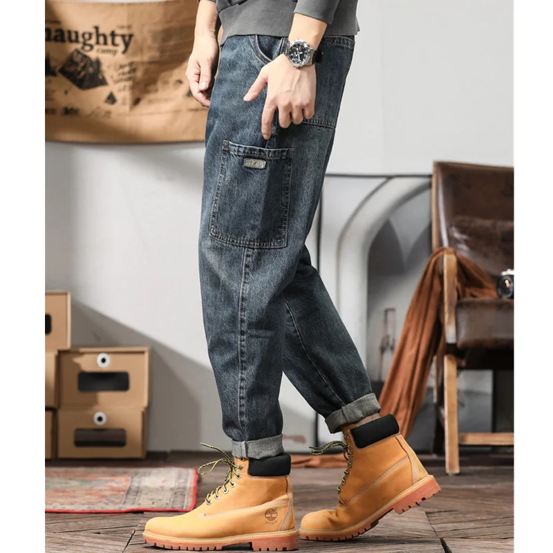 Men Clothing New Pattern Recreational Vintage Nostalgia Bluish Grey Jeans Straight Cylinder Loose Street Trousers Autumn Female