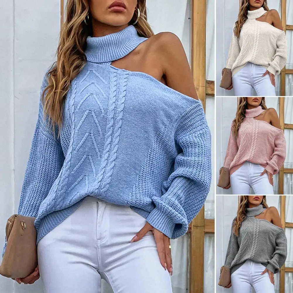 

Half High Collar Long Sleeve Twist Thick Pullover Sweater Women Autumn Winter One Off Shoulder Sweater Jumper Female Clothing