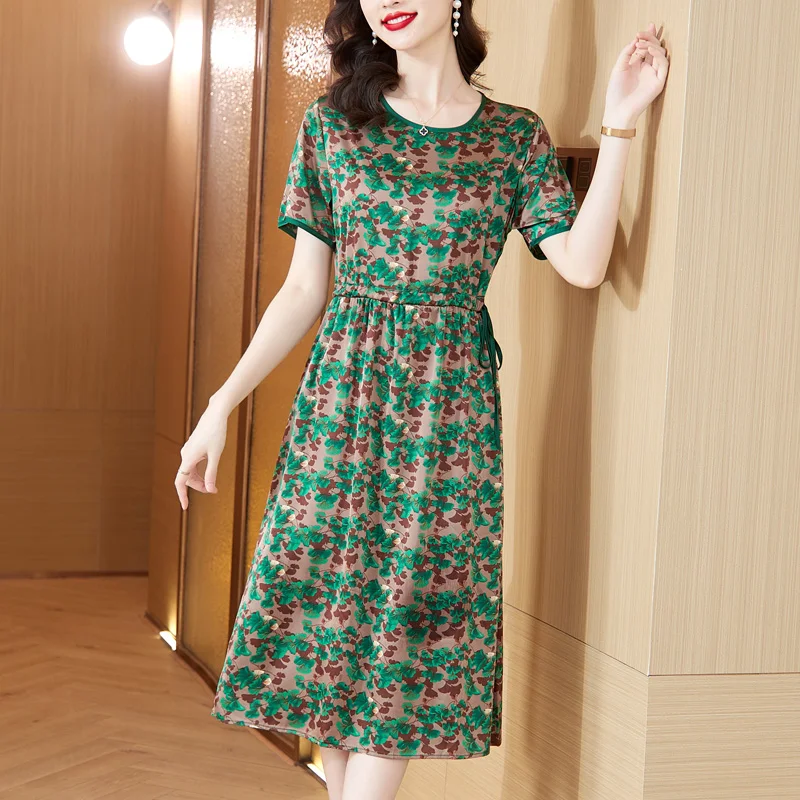 

Spring New Round Neck Silk Print Dress Women 2023 Fashion Floral Short Sleeve Loose Fit Casual Holiday Dress Vestidos