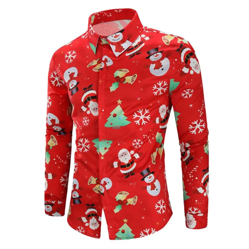 

Camisa Masculina Men Casual Snowflakes Santa Candy Printed Christmas Shirt Top Blouse Chemise Homme Noel Long Sleeve