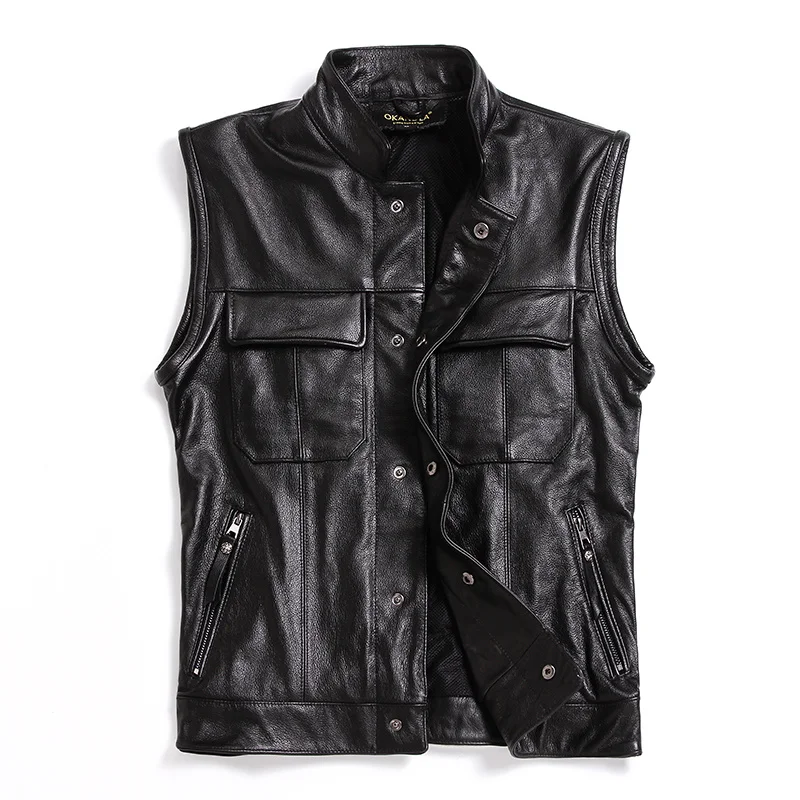 

Free shipping,Brand new style cowhide vest.100% black Genuine leather men slim vest.motorbiker mens leather vests,quality sales,