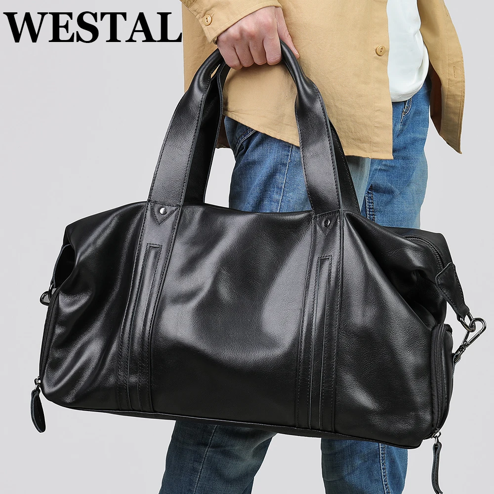 WESTAL Travel Bag For Men Genuine Leather Duffle Bag Gym Shoulder Bag Business Casual Handbag 17.3 Inch Laptop Bag Travel Totes