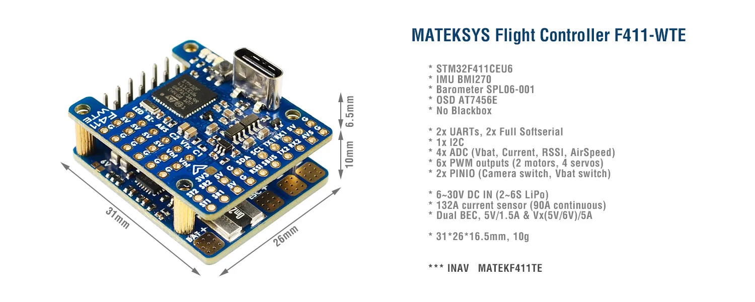 Контроллер полета Matek F411-WTE F411 WTE OSD 2 ~ 6S INAV барометр для гоночных беспилотных