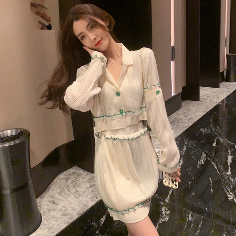 

Women 2022 Spring Autumn Fashion Skirt Suits Female Long Sleeve Casual Shirts + High Waist Mini Skirts Ladies Two-piece Sets N31