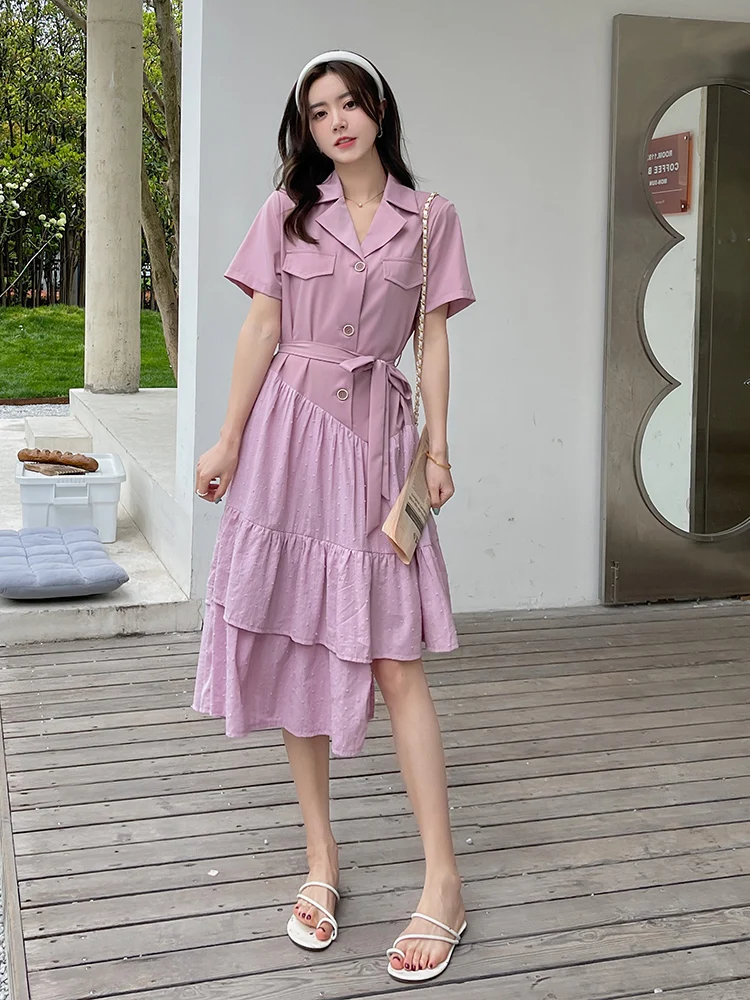 

Fashion Elegant Pink Spliced Ruffles French Style Short Sleeve Bandage Dress 2022 Summer Women Casual Korean Long Dresses 2225