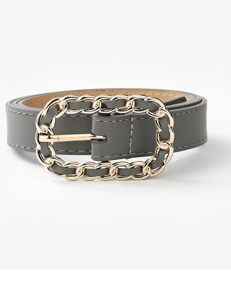 Ремень из ПУ кожи Женский черный декоративный пояс с пряжкой-цепочкой сплава в