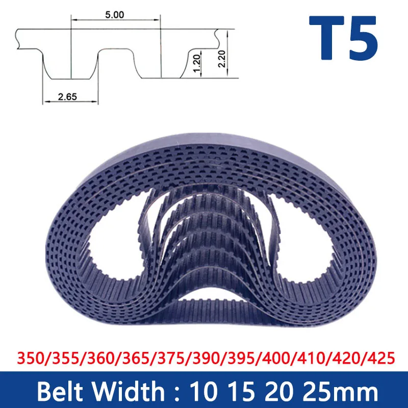 

1pc T5 Timing Belt Width 10/15/20/25mm Rubber Closed Synchronous Drive Belt Length 350/355/360/365/375/390/395/400/410/420/425mm