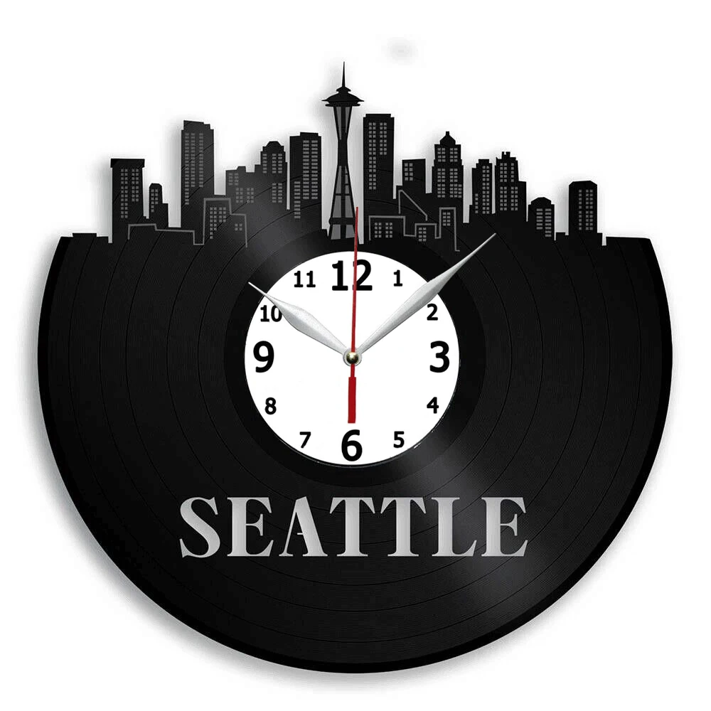 

Виниловые настенные часы с рисунком Сиэтла, ручная работа, подарок для кухни, офиса, спальни