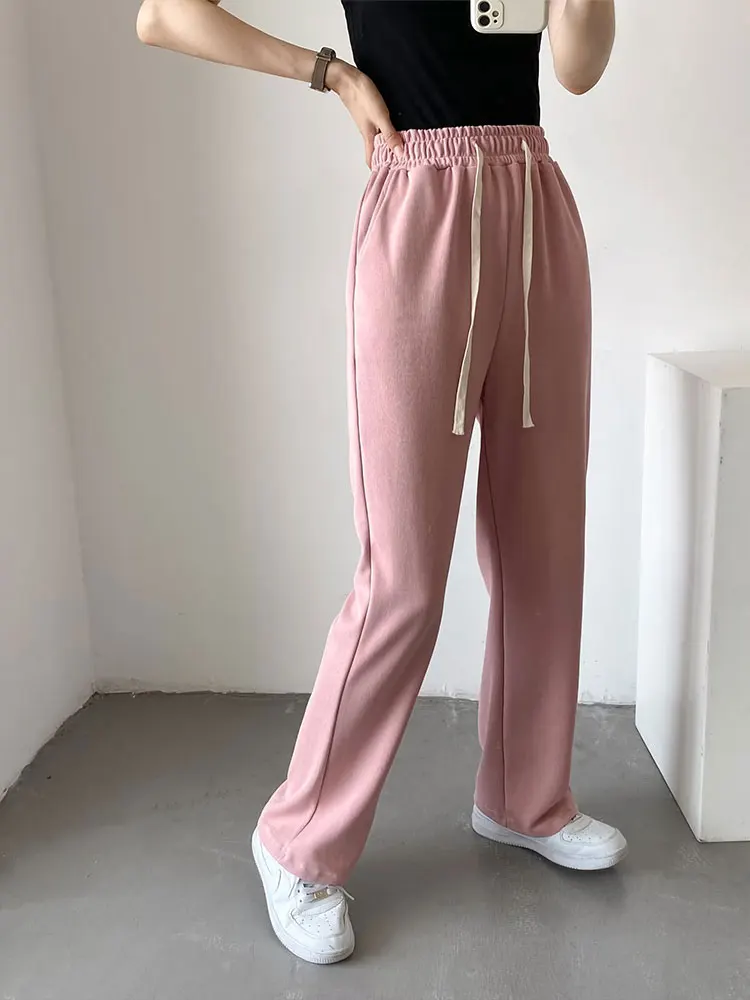 DUOPERI Women Fashion Solid Straight Drawstring Pants Vintage High Waist Lace-up Female Chic Lady Casual Trousers