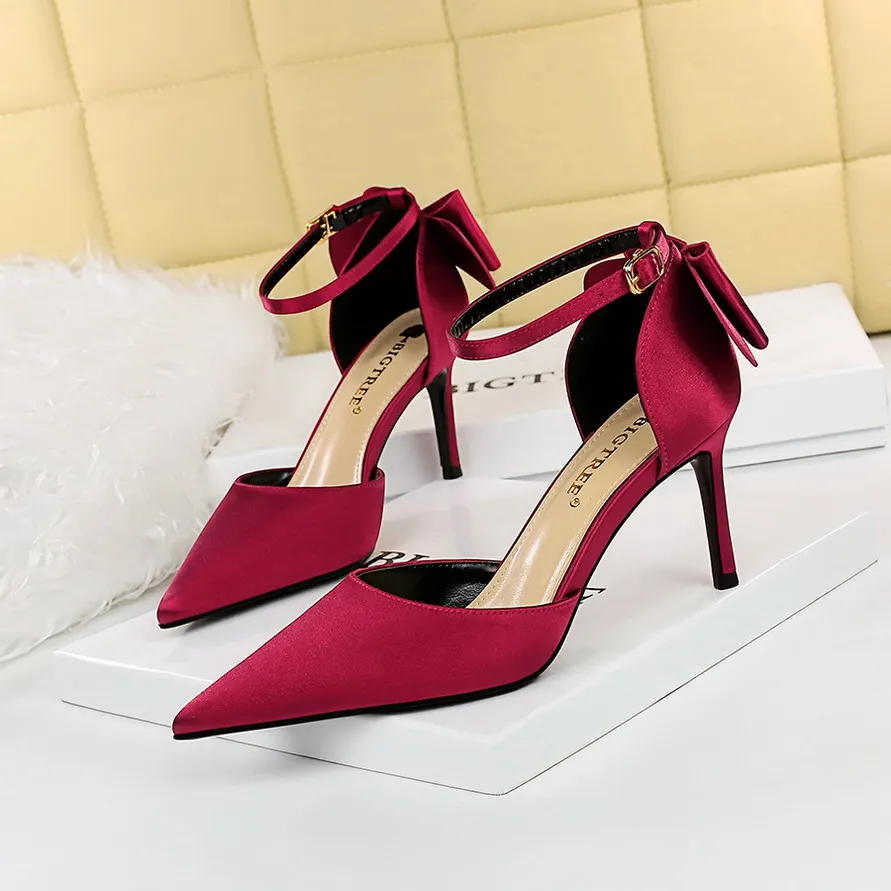 BIGTREE Big Size 34-43 Sweet Bowtie Buckle Women Sandals Silk Shallow Fashion High Heels Shoes Sexy Pointy Toe Female Party Pump