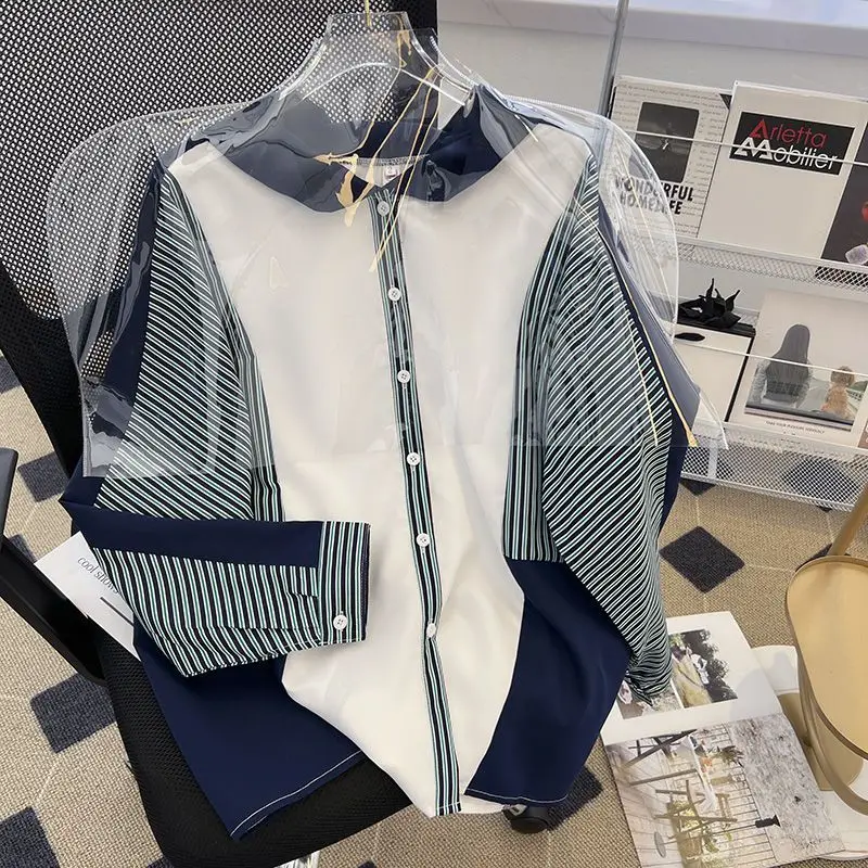 

Women's 2023 Spring And Autumn New Design Sense Stripe Hooded Shirt Loose Cardigan Thin Contrast Color Sunscreen Clothing