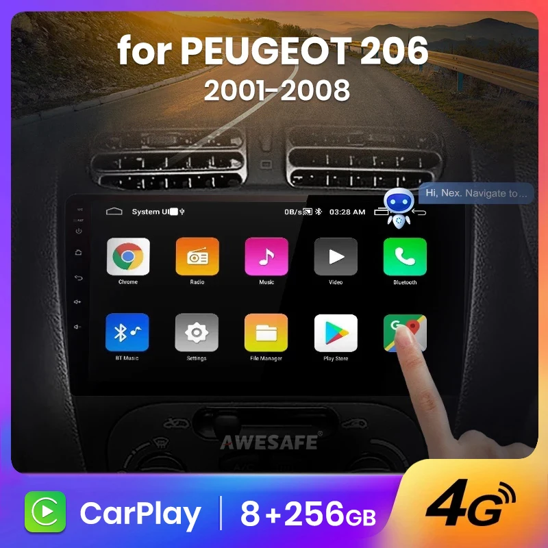 AWESAFE PX9 8 + 256 ГБ carplay GPS трек 2din android Авторадио для Peugeot 206 2001-2008 автомобильный