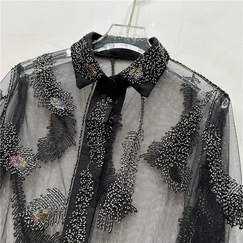 Шикарная блузка с блестками Женская блестящая бисером и длинным рукавом