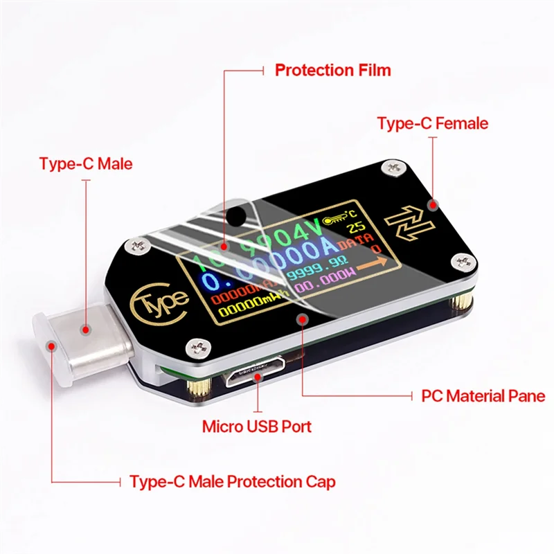 Цифровой USB-мультиметр Rd Tc66 вольтметр-амперметр с разъемами Type-C и Pd зарядным