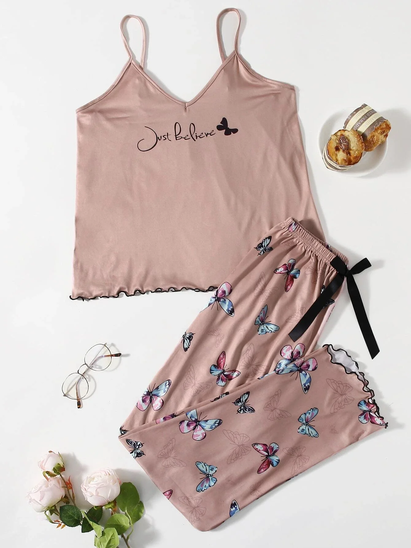 

Slogan & Butterfly Print Bow Pajama Set