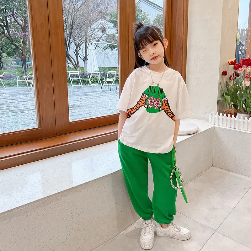 

12 year old Girls Summer Suits 2 pieces Cartoon Tiger Tops Green Long Pants Kids Girl Short Sleeve Clothing Set