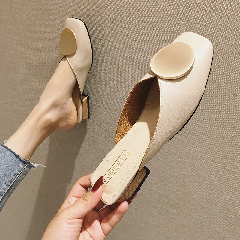 

New Brand Designer Women Slippers Slip On Mules Flat Heel Casual Shoes British Buckle Slides Wooden Block Heels Summer Footwear
