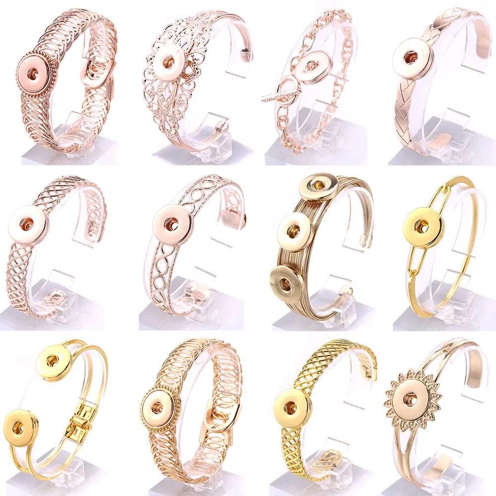 

Vinatage Metal Snap Jewelry 18mm Rose Gold Gold Plated Cuff Adjustable Snap Button Bracelet Bangle Bracelet for Men Women B1636