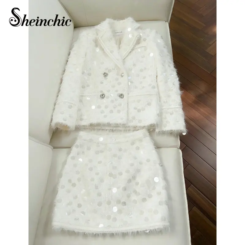 

Женский комплект из двух предметов, двубортный твидовый пиджак и юбка с блестками в Корейском стиле, весна 2023